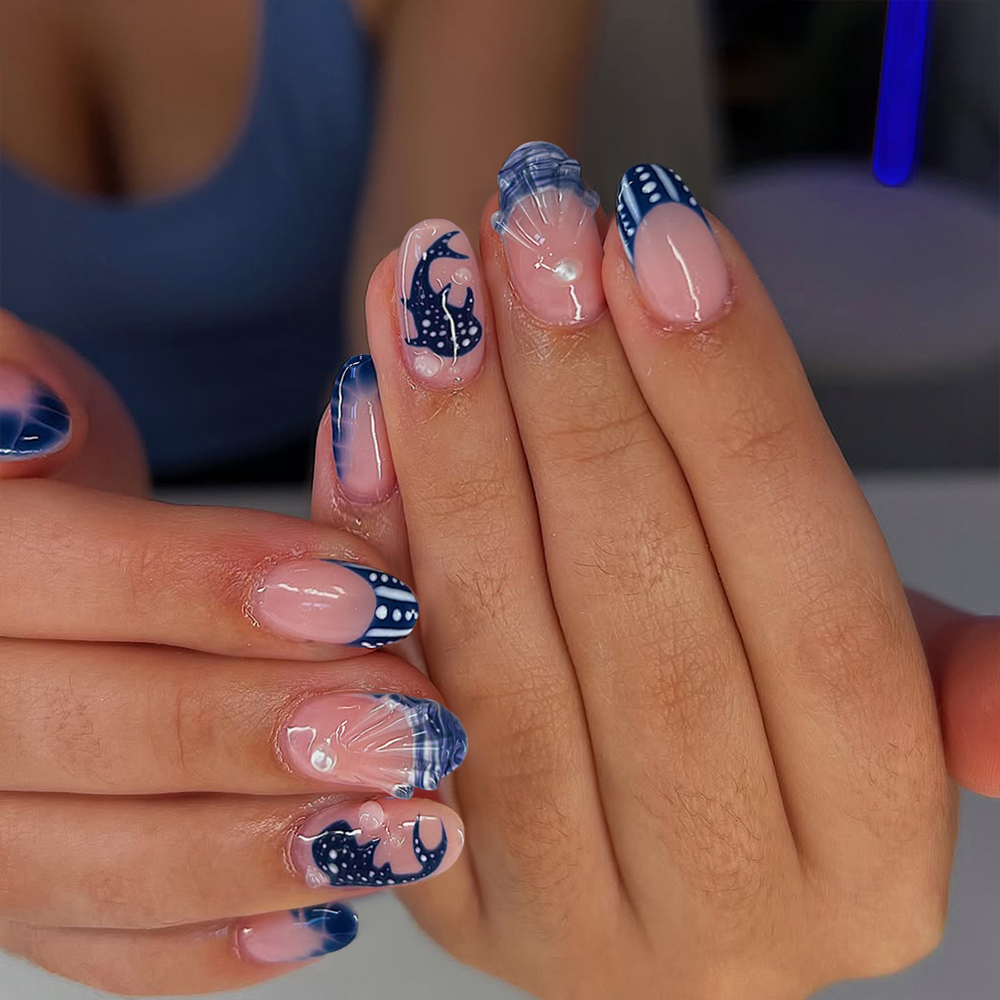 3D Printing Nails - 24 stuks amandelvormige 3D-gelnagels met walvispatroon,